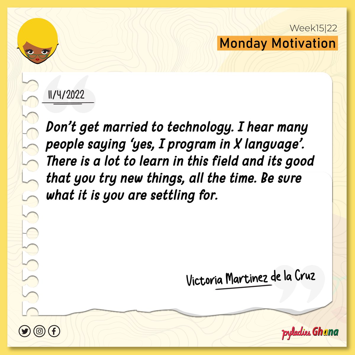 PyLadiesGhana's tweet image. Keep trying. If something doesn’t work at first, take a moment to relax and try it again later. Look for answers in blogs or forums, ask people. You will be able to solve it, sooner or later.
#PyLadiesGhana
#MondayMotivation