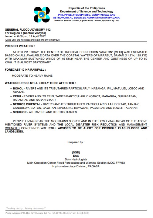 dost_pagasa's tweet photo. General Flood Advisories (GFAs) 
Issued @ 6PM, 11 April 2022
Region 4B (MIMAROPA) - #GFA7
Region 5 (Bicol Region) - #GFA10
Region 6 (Western Visayas) - #GFA12
Region 7 (Central Visayas) - #GFA12 https://t.co/glAf5dR3iS