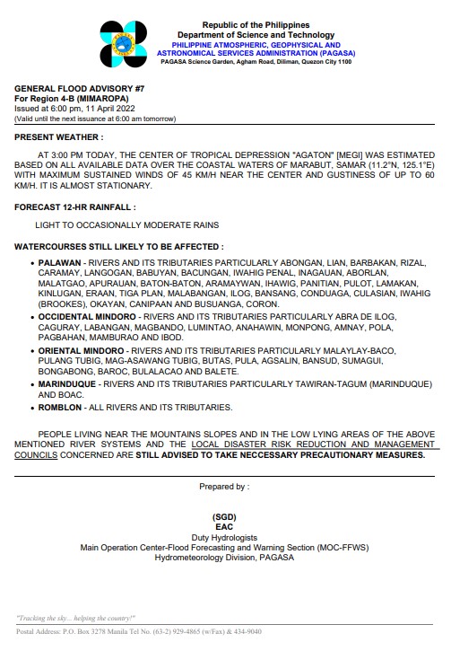 dost_pagasa's tweet photo. General Flood Advisories (GFAs) 
Issued @ 6PM, 11 April 2022
Region 4B (MIMAROPA) - #GFA7
Region 5 (Bicol Region) - #GFA10
Region 6 (Western Visayas) - #GFA12
Region 7 (Central Visayas) - #GFA12 https://t.co/glAf5dR3iS