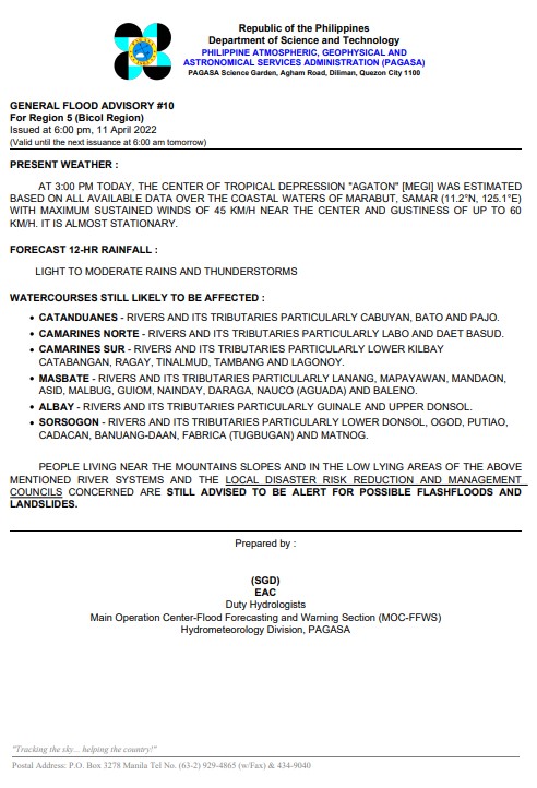 dost_pagasa's tweet photo. General Flood Advisories (GFAs) 
Issued @ 6PM, 11 April 2022
Region 4B (MIMAROPA) - #GFA7
Region 5 (Bicol Region) - #GFA10
Region 6 (Western Visayas) - #GFA12
Region 7 (Central Visayas) - #GFA12 https://t.co/glAf5dR3iS