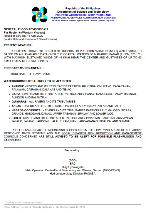 dost_pagasa's tweet photo. General Flood Advisories (GFAs) 
Issued @ 6PM, 11 April 2022
Region 4B (MIMAROPA) - #GFA7
Region 5 (Bicol Region) - #GFA10
Region 6 (Western Visayas) - #GFA12
Region 7 (Central Visayas) - #GFA12 https://t.co/glAf5dR3iS