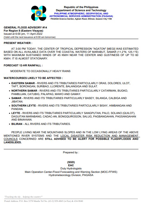 dost_pagasa's tweet photo. General Flood Advisories (GFAs)
Issued @ 6PM, 11 April 2022
Region 8 (Eastern Visayas) - #GFA14
Region 10 (Northern Mindanao) - #GFA13
Region 13 (CARAGA) - #GFA14 https://t.co/wgEnnWyV1g