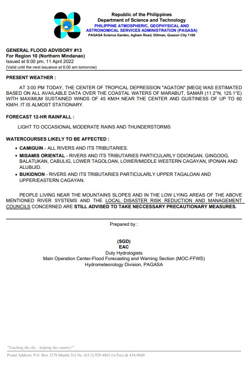 dost_pagasa's tweet photo. General Flood Advisories (GFAs)
Issued @ 6PM, 11 April 2022
Region 8 (Eastern Visayas) - #GFA14
Region 10 (Northern Mindanao) - #GFA13
Region 13 (CARAGA) - #GFA14 https://t.co/wgEnnWyV1g