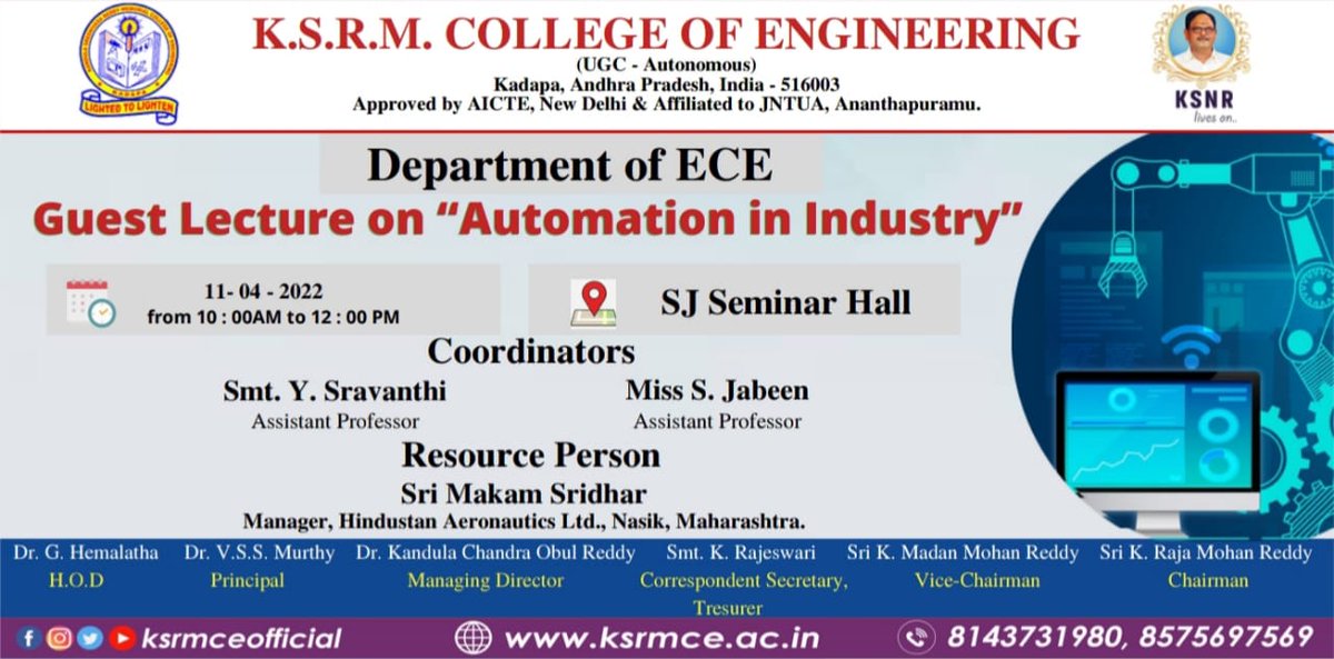 ksrmceofficial's tweet photo. Department of ECE organized a guest lecture on Automation in Industry ob 11th April 2022
#ksrmece #guestlecture #automationinindustry #automation #KSRM #ksrmce #kandulagroups #engineering #kadapa #ksrmceclubs #jntua #AICTE #aishe #apsche #IntiativesofMHRD https://t.co/ThqXIGqohW
