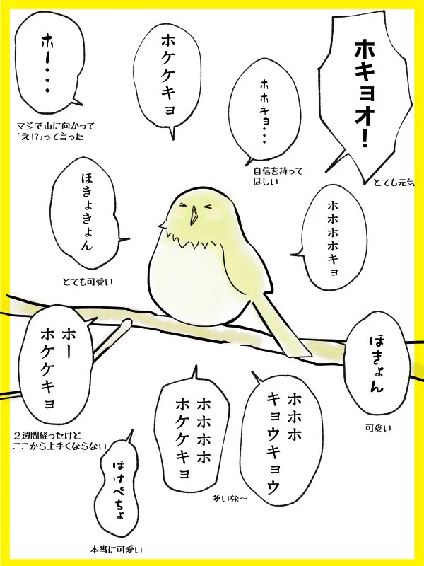 どの鳴き方も可愛すぎる！ウグイスが鳴き声の練習をする様子をイラストにして紹介したツイートが話題に！