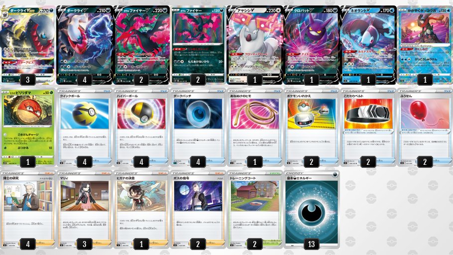 ライチュ梅川 ポケカ公式ch ダークライvstar デッキ バトル終盤に場の悪エネルギーをアヤシシvの特性で一気に集めて バリアーラッシュで大ダメージを出せるようになったのが強力です 序盤バトル場に出しておきたいポケモンもあまりいないので
