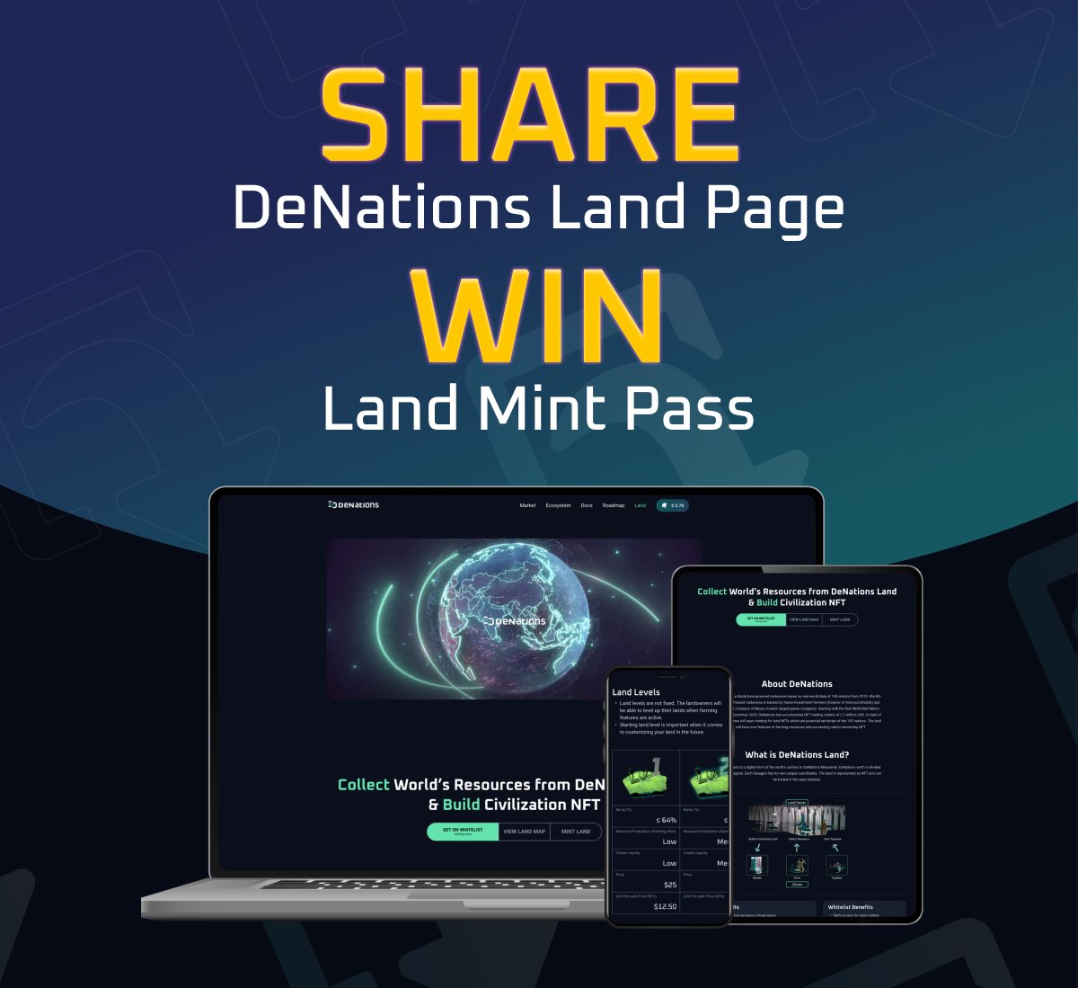 DeNations_DENA's tweet photo. ⛰DeNations Land Page Event⛰
Enter Raffle👉https://t.co/ItUaZCSEWM
NEW Land page👉https://t.co/9x28M5NcJS
 
🎁Prizes
(USA) Lvl. 2 Land Mint Pass x 10
 
⏱Ends: April 16th, 10:00 UTC

#NFT #NFTProject 
#NFTcommunity #NFTdrops 
#NFTGiveaway 
#LandNFT
#DeNations https://t.co/musGBNCEvB