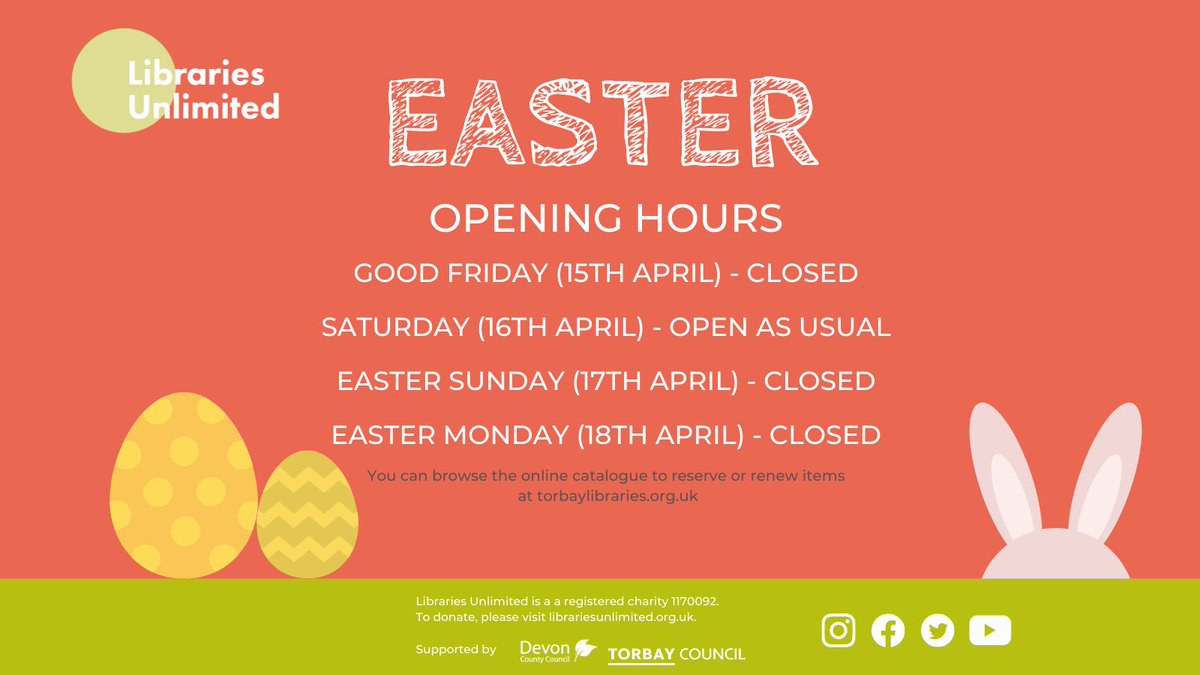 We hope you're looking forward to the long weekend. Please take note of our adjusted opening hours to cover the Easter weekend👇

Hours may vary at your local library, so please double check before you hop down🐰 

Happy Easter to those who celebrate 🐣 🍫 torbaylibraries.org.uk/web/arena/ourl…
