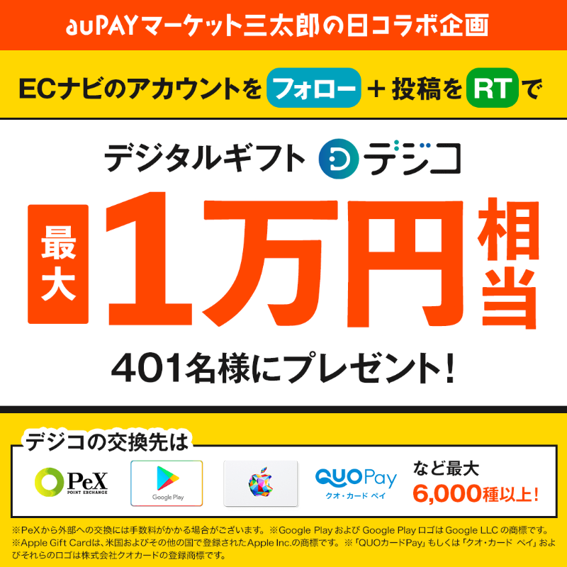 ecnavi's tweet photo. 🍑auPAYマーケット×ECナビコラボ企画🍑
本日は月に三度しかない三太郎の日！

最大1万円分の選べるギフトが
合計401名様に #その場で当たる 🕺⚡️

☆応募方法☆
①@ecnaviをフォロー
②本ツイートをRT
③下��バナーから抽選に参加
https://t.co/vu3N0vJDar

#auPAYマーケット　#三太郎の日 　#ECナビ