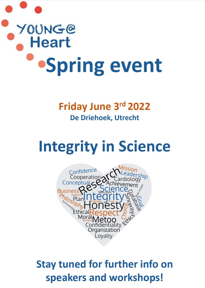 Young@Heart (@youngatheartnl) on Twitter photo Save the date! The Young@Heart spring Event of 2022 with the topic 'Integrity in Science' will be on the 3rd of June in Utrecht!
#CardioTwitter #PhD <a href="/dcvalliance/">Dutch CardioVascular Alliance</a> <a href="/Hartstichting/">Hartstichting</a> Save the date! The Young@Heart spring Event of 2022 with the topic 'Integrity in Science' will be on the 3rd of June in Utrecht!
#CardioTwitter #PhD <a href="/dcvalliance/">Dutch CardioVascular Alliance</a> <a href="/Hartstichting/">Hartstichting</a>