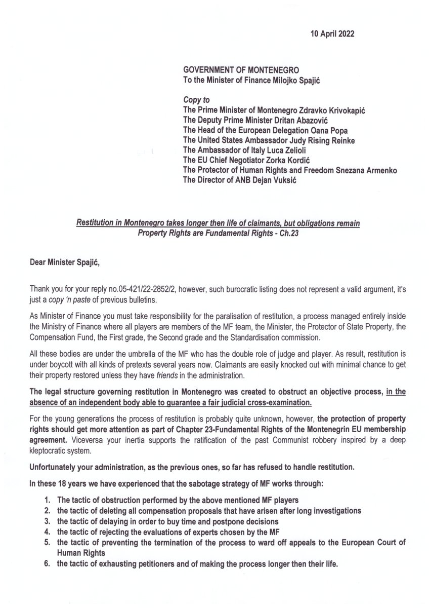 ZuberGregovic's tweet photo. .@MickeySpajic 
Letter to MF Minister with copy to Officials
#Restitution must see the light💡after 76 dark years of pillage, robbery, deceptions, privatizations and boycott.
If claimants pass away, obligations remain.
#Propertyrights #FundamentalRights #Ch23
#RuleOfLaw 
🇪🇺🇲🇪🇺🇸🇮🇹 https://t.co/1rtaZwLchL