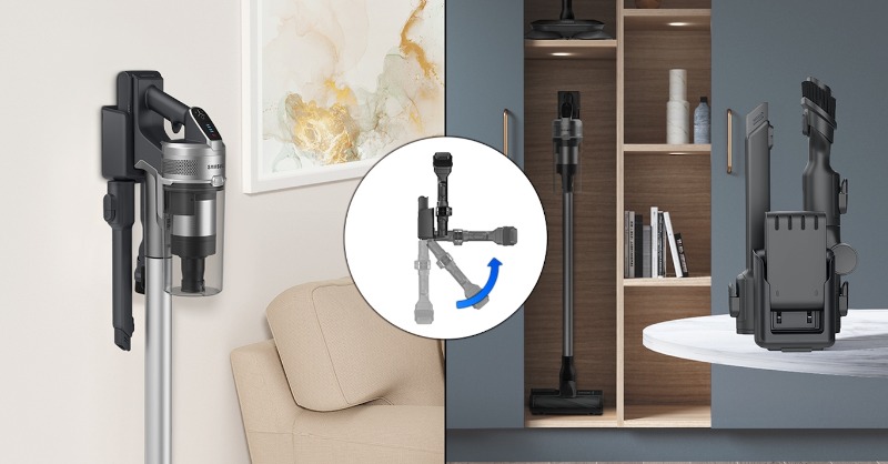 SamsungSA's tweet photo. Store and charge your vacuum cleaner more flexibly with the 2-in-1 #JetVac charging station.