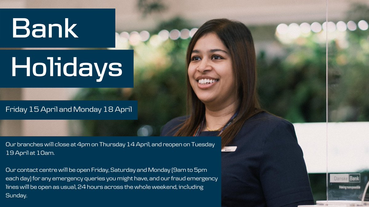 DanskeBank_UK's tweet photo. Happy Easter weekend! 🐣🐰

Friday 15 April and Monday 18 April are bank holidays and non-banking days - if you’re due payments in or out of your account, you may not see them until Tuesday 19 April. 

Here’s a reminder of our opening hours over the Easter weekend: https://t.co/oi5gH7jU0R