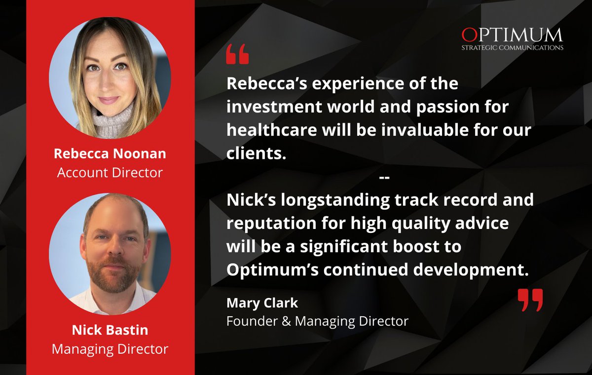 Welcome @NickBastin and @rebeccanoonan22 to @OptimumComms! Post-Covid, the #lifesciences & #healthcare sectors have never been more relevant and we are seeing dramatic growth in client demand for our specialist #IR and corporate #comms consultancy. https://t.co/GSyED5AHIP https://t.co/t7EpRUTu7q