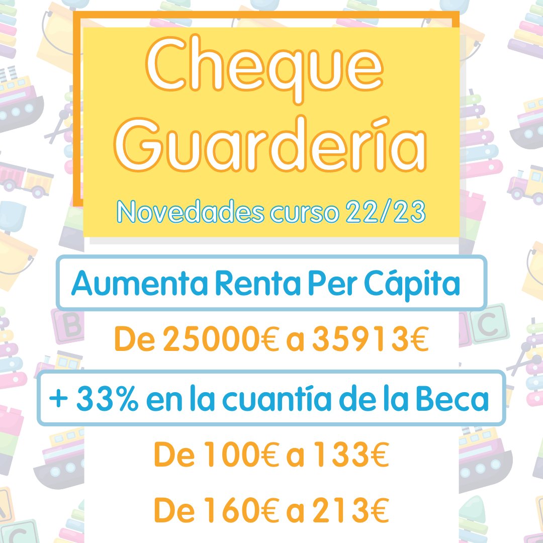 projardin_ei's tweet photo. 📣 La @ComunidadMadrid mejora el Cheque Guardería y ahora más familias podrán solicitarlo para el próximo curso.
✅ Aumenta el límite máximo de Renta Per Cápita 
✅ La cuantía de la beca aumenta en un 33%. 
#familiasde0a3 #becasyayudas #chequeguarderia #ComunidaddeMadrid https://t.co/gI9brTHUVE