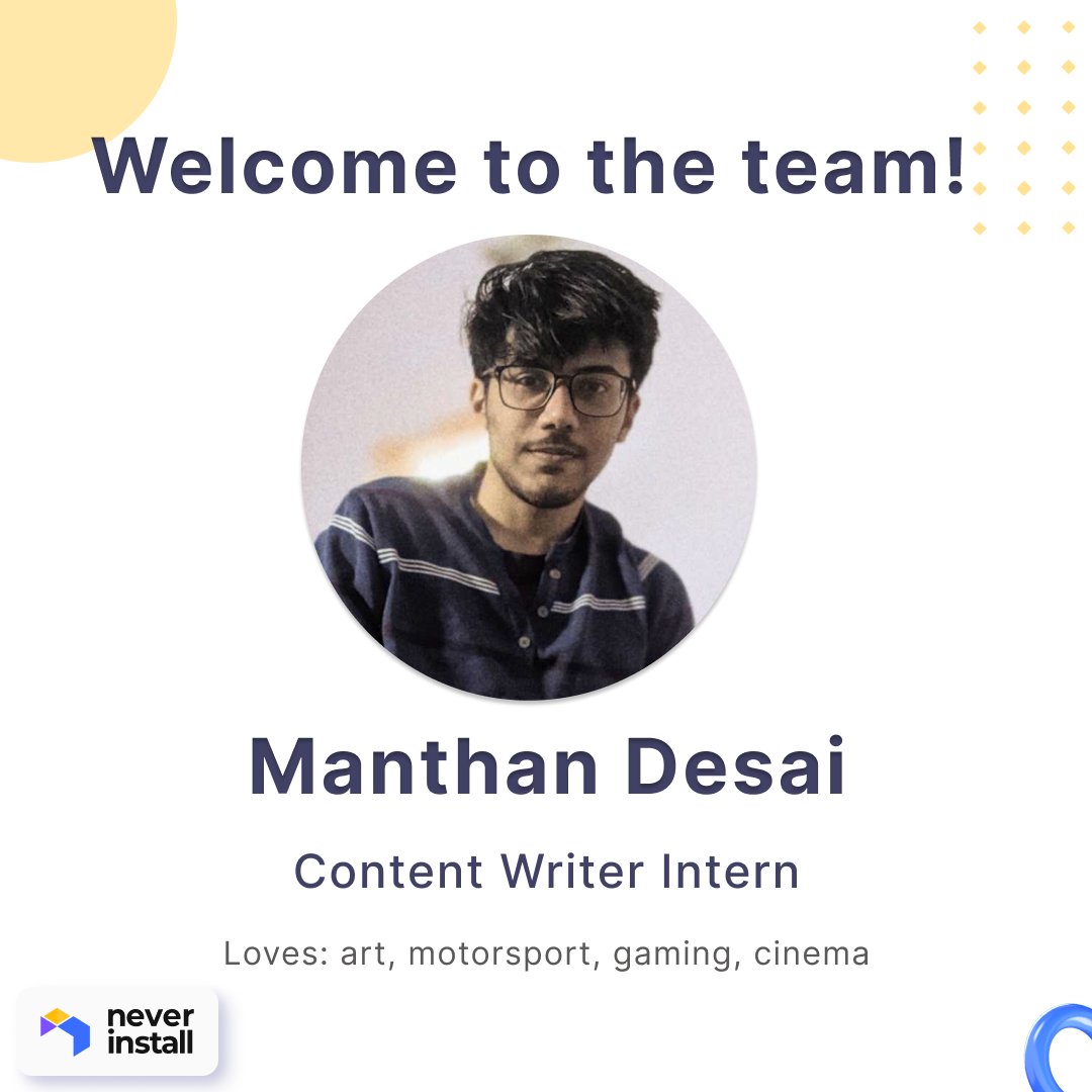 neverinstall's tweet photo. The entire team of neverinstall is thrilled to welcome Manthan Desai on board as a Content Writer Intern. Manthan loves art, motorsport, cinema, and gaming! 

We look forward to a successful journey with you! Welcome aboard! 

#newjoinee #newhire #hiring #hiringnow #neverinstall https://t.co/XTRexQk1FV