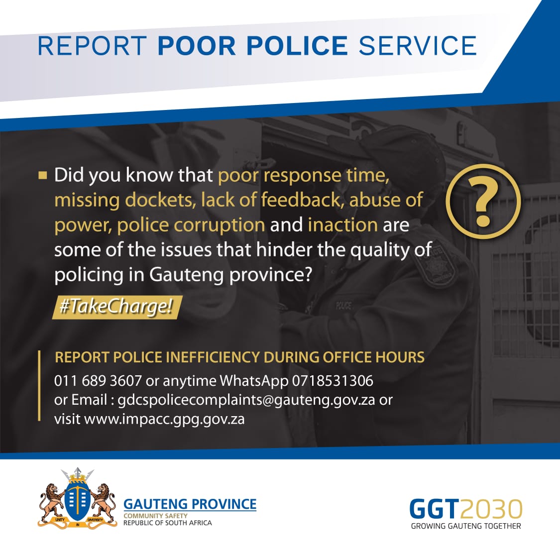 GP_CommSafety's tweet photo. Did you know that poor response time, missing dockets, lack of feedback, abuse of power, police corruption and inaction are some of the issues that hinder the quality of policing in Gauteng province? #ReportPoorPoliceService https://t.co/X7U5RUXaDv