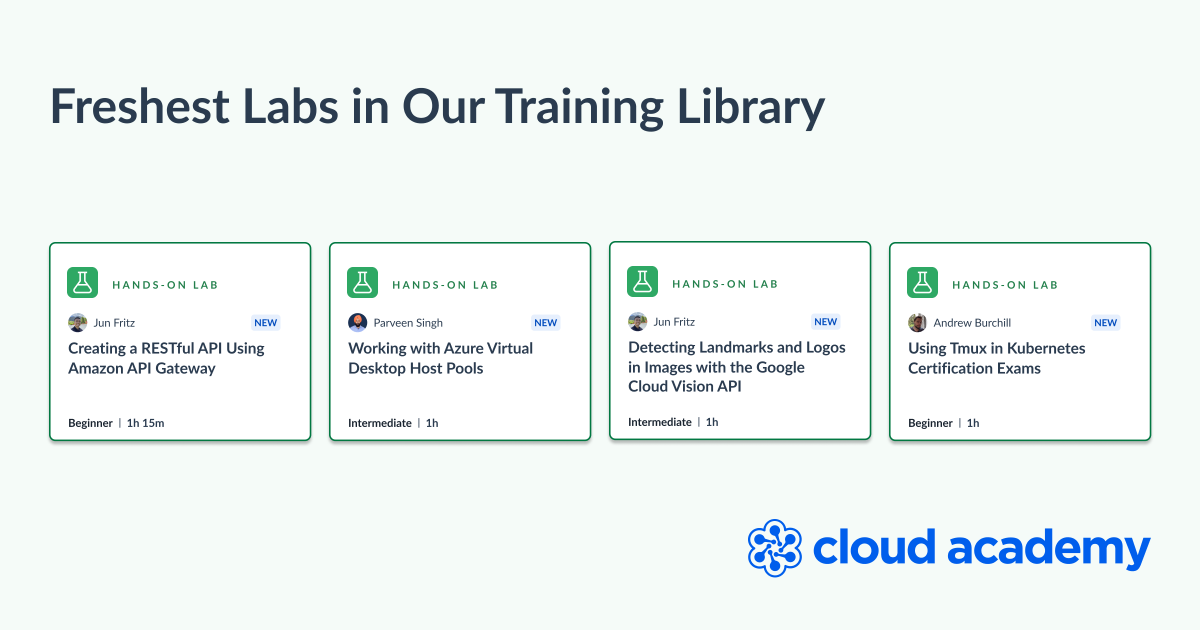 QANorthAmerica's tweet image. 🚀 Start the week with our freshest labs. Check them out and start training today! cloudacademy.com/library/

#AmazonAPIGateway #AzureVirtualDesktop #GoogleCloudVisionAPI #Kubernetes #Azure #AWS #AzureCertified #AWScertified