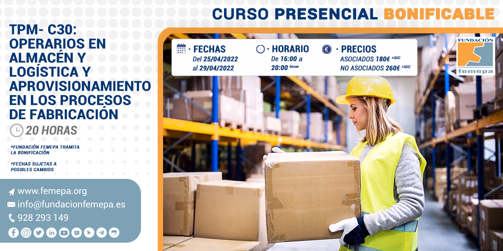 femepaformacion's tweet photo. #FundaciónFemepaFormación | Abierto el plazo de inscripción para el #cursobonificable de TPM-C30: Operarios en almacén y logística y aprovisionamiento en los procesos de fabricación
Más información >> https://t.co/n33UXLCxbz https://t.co/ieRdrM8qzm