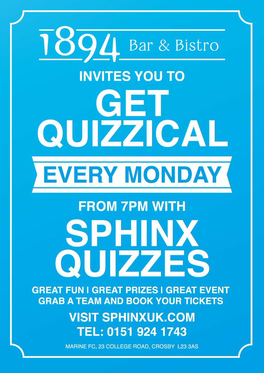 1894BarBistro's tweet photo. It is quiz tonight tonight! Flex those brains and win awesome prizes including a brewery tour, bottle of Prosecco and a Marine FC family ticket! #quiz #crosby #sphonxquizzes #howcleverareyou? #getquizzical https://t.co/kg8zKAGHzM