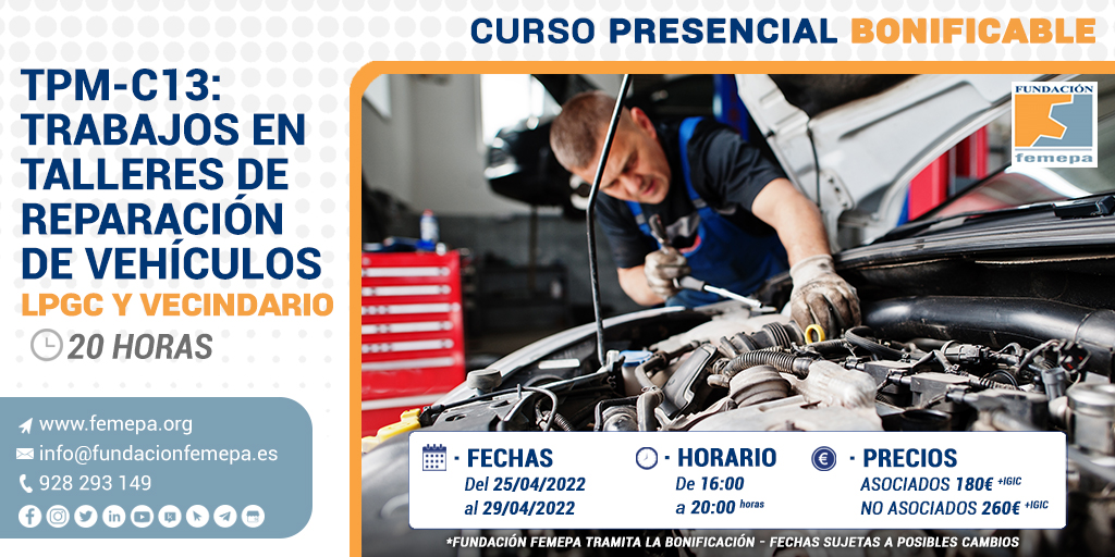 femepaformacion's tweet photo. #FundaciónFemepaFormación | Abierto el plazo de inscripción para el #cursobonificable de TPM C13 – Trabajos En Talleres De Reparación De Vehículos – LPGC y Vecindario
Más información Vecindario >> https://t.co/dYc3vYbA6F
Más información LPGC >> https://t.co/CZp7e7cMPg https://t.co/zCkjTY5zZc