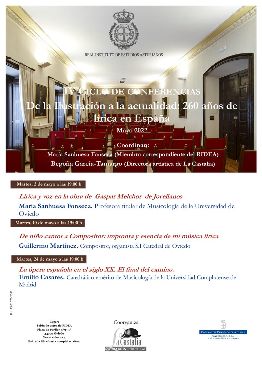 NUEVO CICLO EN EL RIDEA En mayo tendrá lugar en el RIDEA el IV Ciclo de conferencias ' De la Ilustración a la actualidad: 260 años de lírica en España'