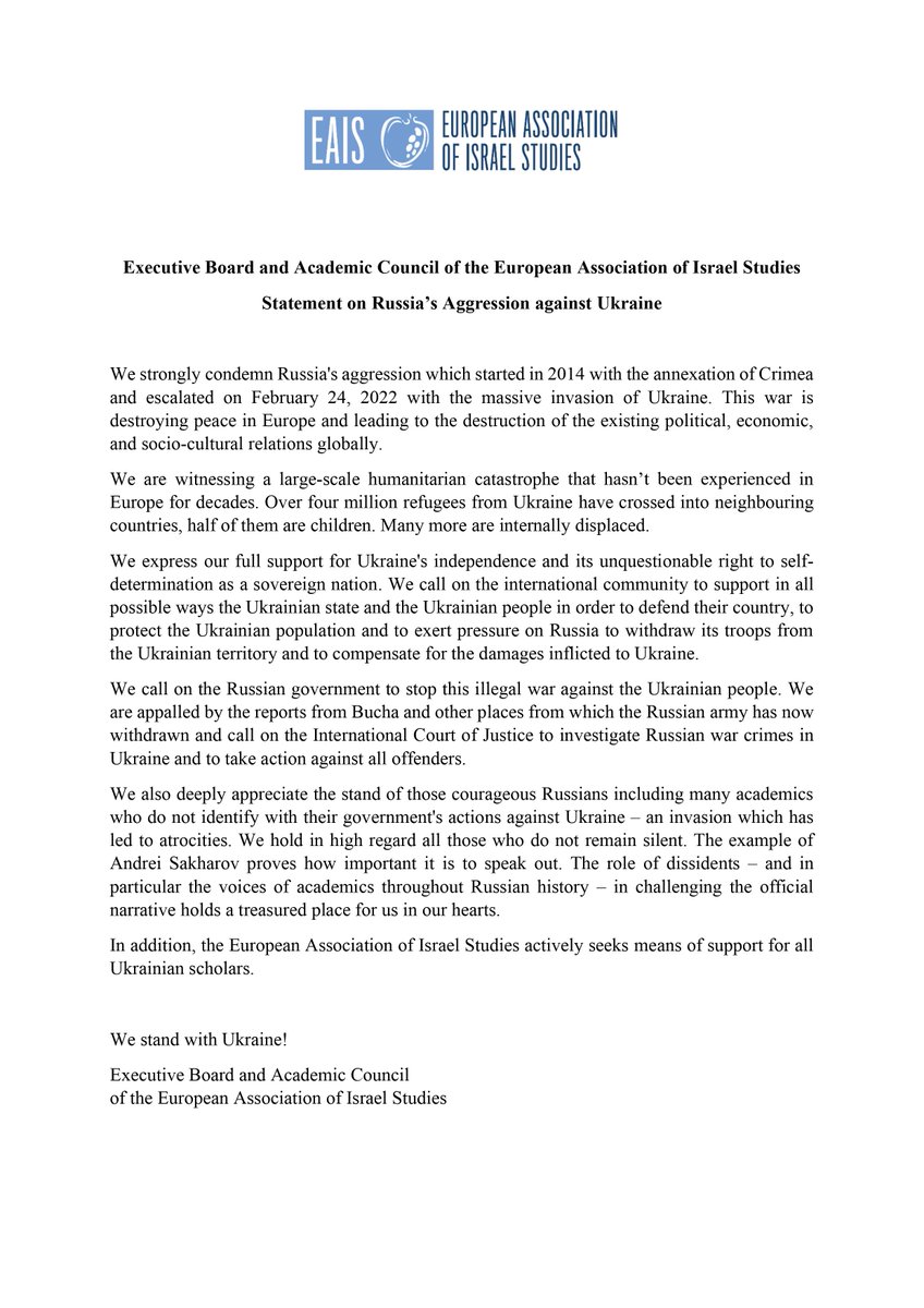 As European Association of Israel Studies we usually busy ourselves with research of political realities and do not make normative statements on current affairs. Yet,we can no longer remain silent on the #invasion of 🇺🇦#Ukraine by the Russian Federation and prepared a statement👇