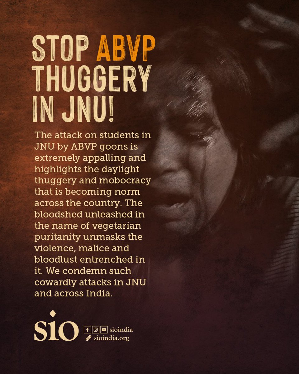 writesalman's tweet photo. The attack on students in JNU is extremely appalling &amp; highlights the day light thuggery and Mobocracy that is becoming norm across the country. The bloodshed unleashed in the name of vegetarian puritanity unmasks the violence, malice and bloodlust entrenched in it.
#JNUViolence https://t.co/BBA9fZNRc1