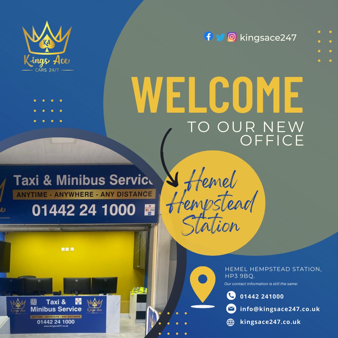 We are pleased to announce the opening of our new office in Hemel Hempstead Station! 
Download app or Book online: onelink.to/kingsacecars