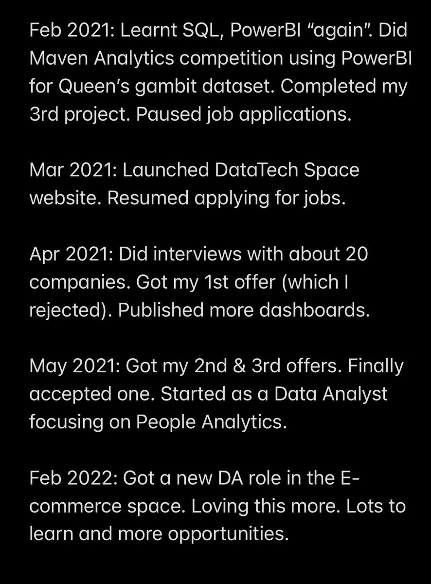 jessica_xls's tweet photo. My Data Journey

Sharing a timeline of how I got my first data role in 7 months after pivoting from Engineering. This is the abridged version. Lots of sleepless nights + self doubt + searching Stack Overflow &amp; Google for answers but I did it and you can too!! 

More on this 🧵 https://t.co/qmh0y078gB