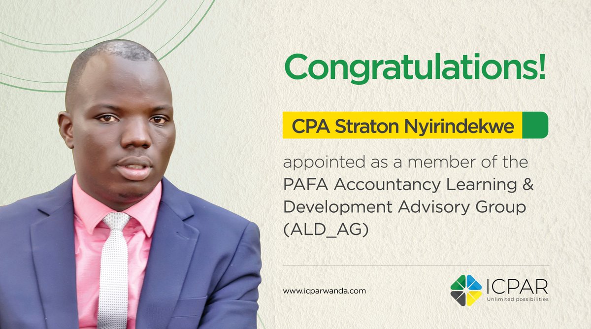 I_CPAR's tweet photo. PAFA Board has appointed @NyirindekweS as a member of the PAFA Accountancy Learning &amp; Development Technical Advisory Group (ALD_TAG) . CPA Straton, is currently working as the Education Manager at our institute. @PAFA_SA @PAFA_Africa #Rwanda https://t.co/xFfVvdfjO7