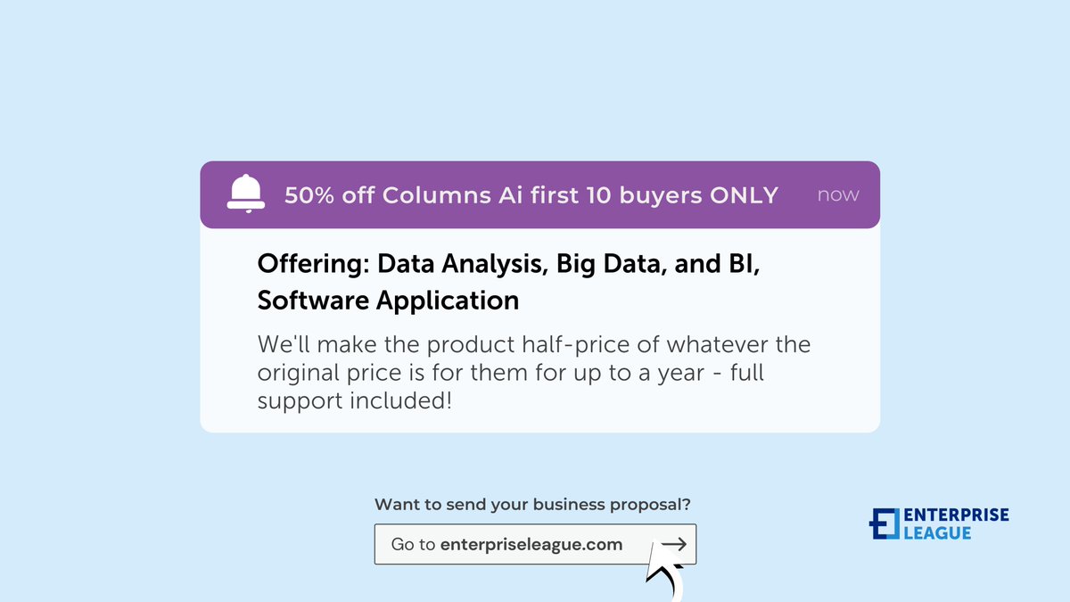 enterpriseleag1's tweet image. One of our members is offering #DataAnalysis, #BigData, and BI, #SoftwareApplication 🙌

Send your business proposal today: bit.ly/3E21PFt