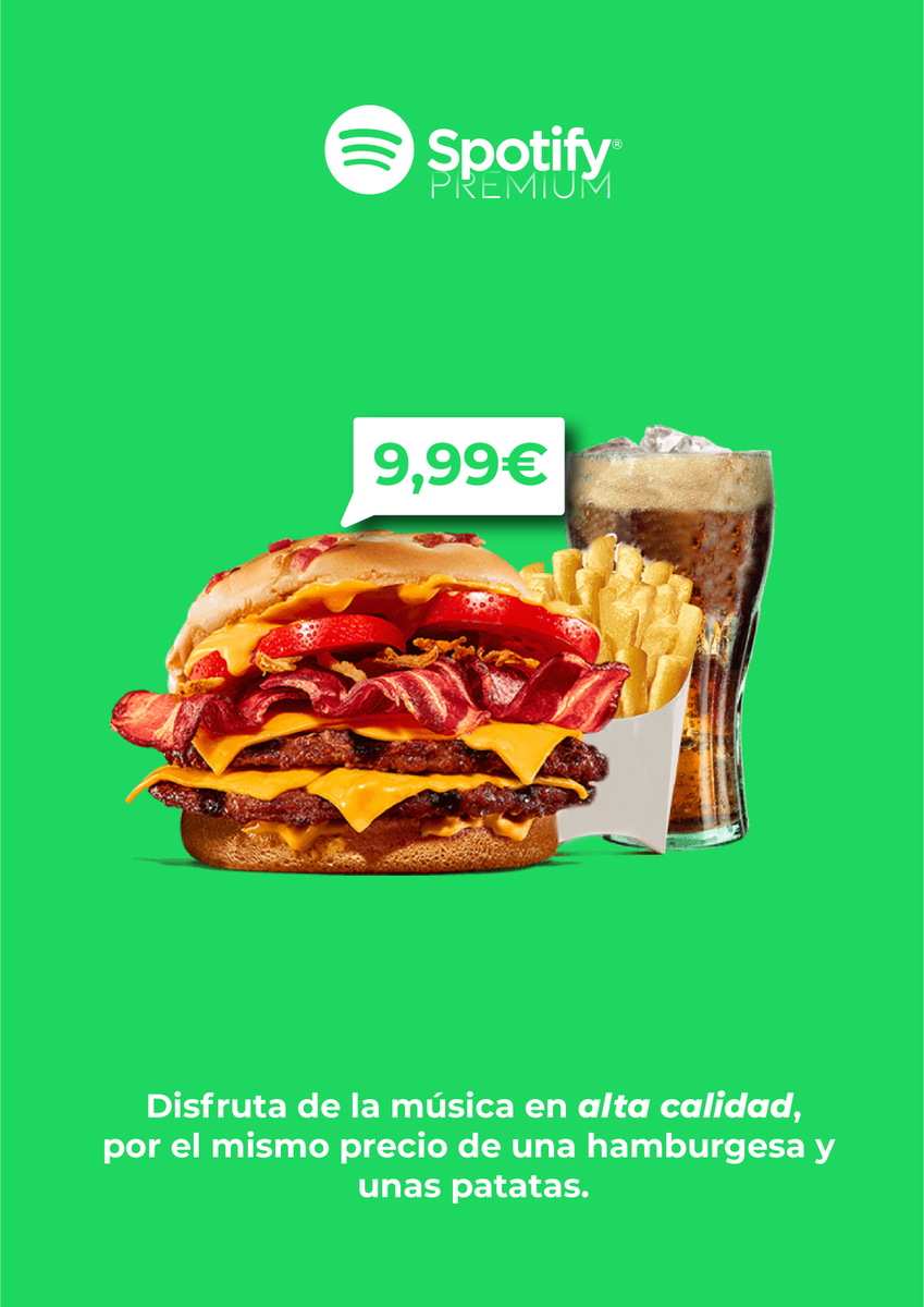 CuadradoESP's tweet photo. Comparamos que puedes comprar por el mismo precio pero tiene menos duración. 

"El Premium dura 1 mes, y la hamburguesa 10 minutos"
#ads #advertising @SpotifySpain https://t.co/aFVD9bulEY
