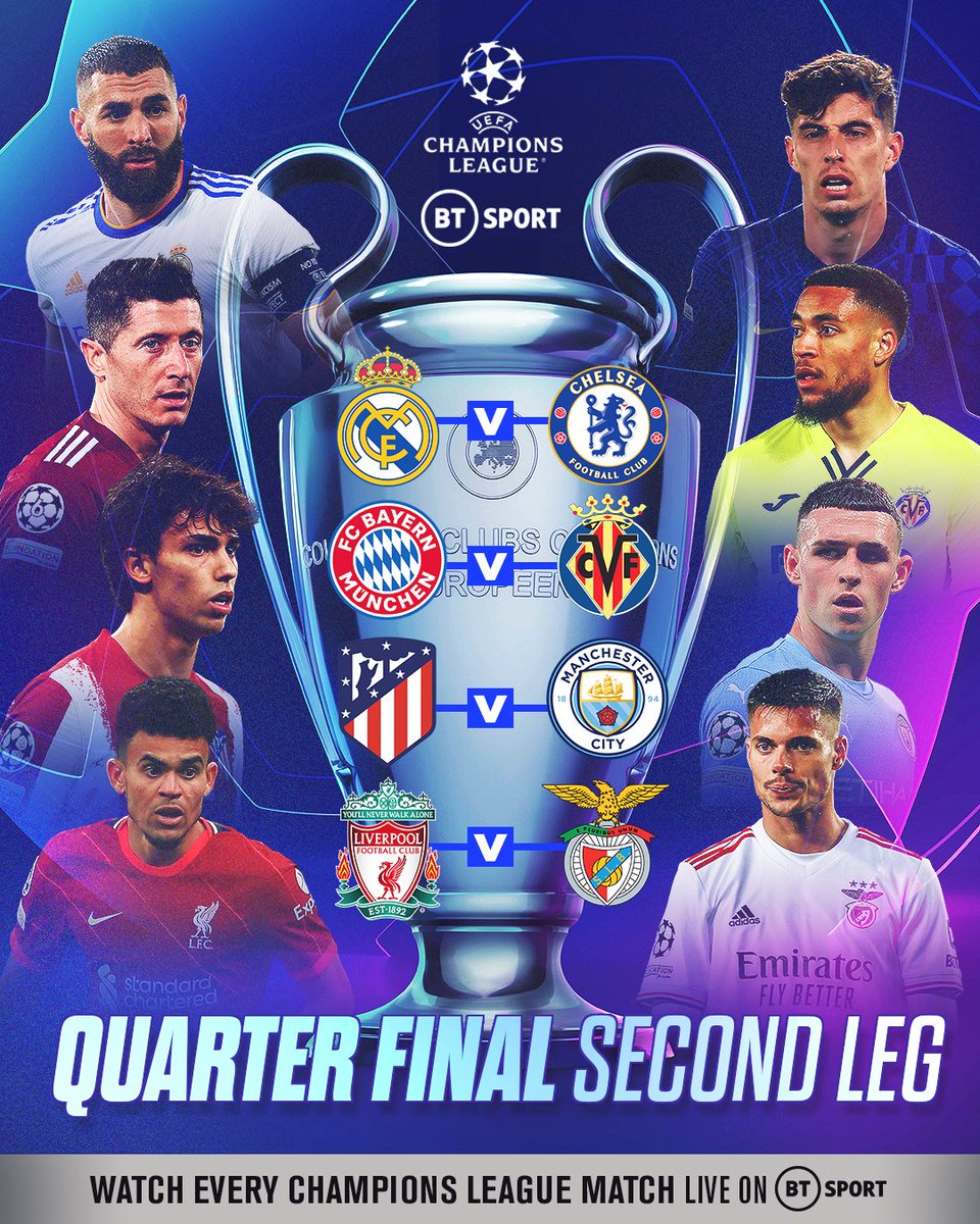 footballontnt's tweet photo. It's almost time to do it all again! ⏪🙌

Real Madrid 🆚 Chelsea
Bayern 🆚 Villarreal
Atletico 🆚 Man City
Liverpool 🆚 Benfica

Another MASSIVE week of #UCL knockout drama! 💉 https://t.co/GyMnjjdgFC