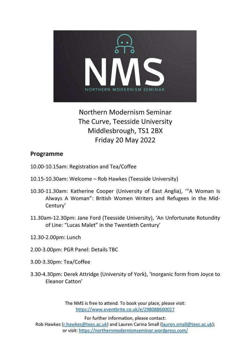 Join us @TeessideUni on Fri 20 May for the Spring ’22 Northern Modernism Seminar, featuring @DrKatieCoops @Jane_M_Ford & @berwickyork northernmodernismseminar.wordpress.com/future-seminar… @TeesUniResearch @TeesUniLib @GreenBowlerHat @sophieolive @JulietteTB @cs_warden @modernistudies @afrayn @EnglishTeesside