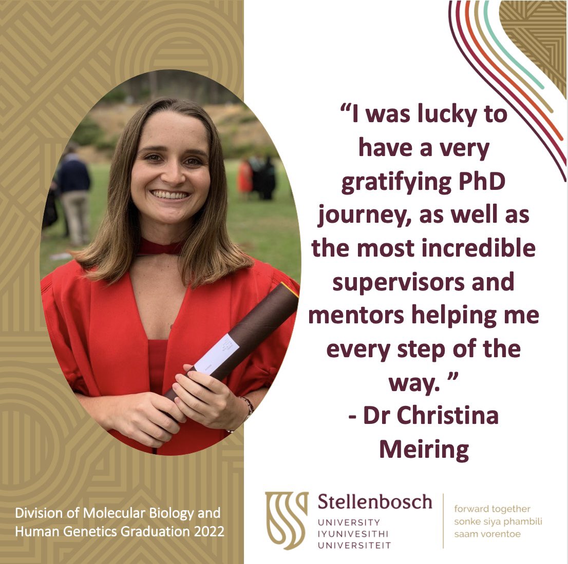 #MBHGgrad

Dr Christina Meiring’s doctoral #research focused on “Investigating genome variation within a South African wild dog population: towards understanding their susceptibility to Mycobacterium bovis infection”

#SUgrad #Graduation #MBHG #PhDdone #scienceeducation #TB