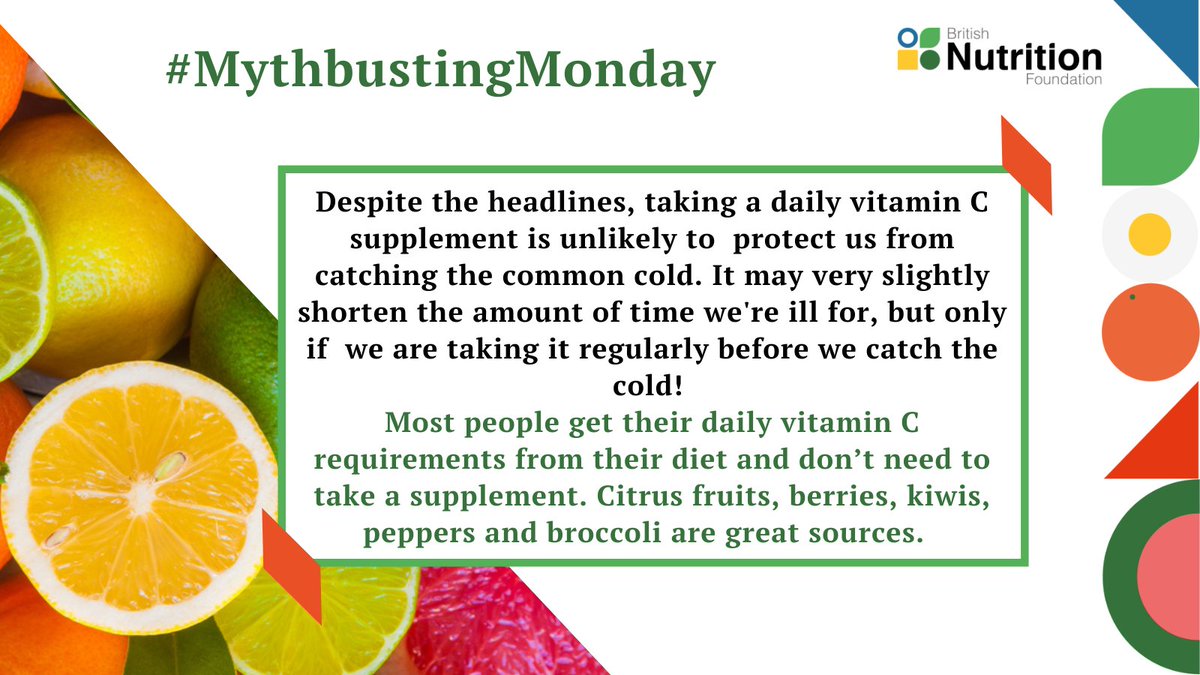 NutritionOrgUK's tweet photo. Vitamin C is an essential nutrient, but will taking a vitamin C supplement ward off the common cold?

#MythbustingMondays #NutritionMyth #vitaminC https://t.co/bzV9AQ4b75