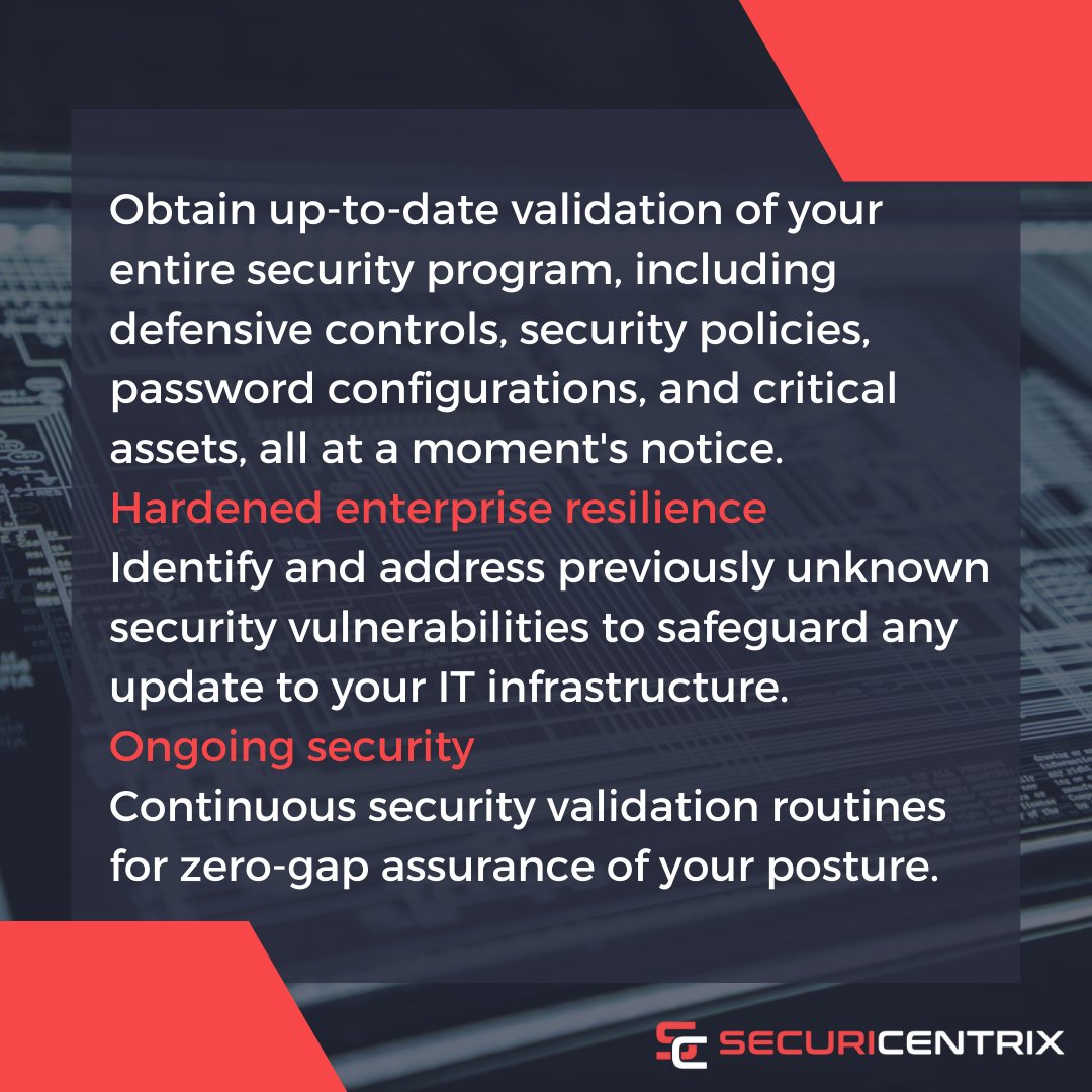 SecuriCentrix's tweet photo. SecuriCentrix and @penterasec provide #ContinuousSecurityValidation that can anticipate #breaches and uncover #vulnerabilities before #hackers do.
Book a Demo if you would like to learn more about how Continuous Validation can secure your infrastructure https://t.co/a6tV7AX6NE https://t.co/LmzXZPJPki
