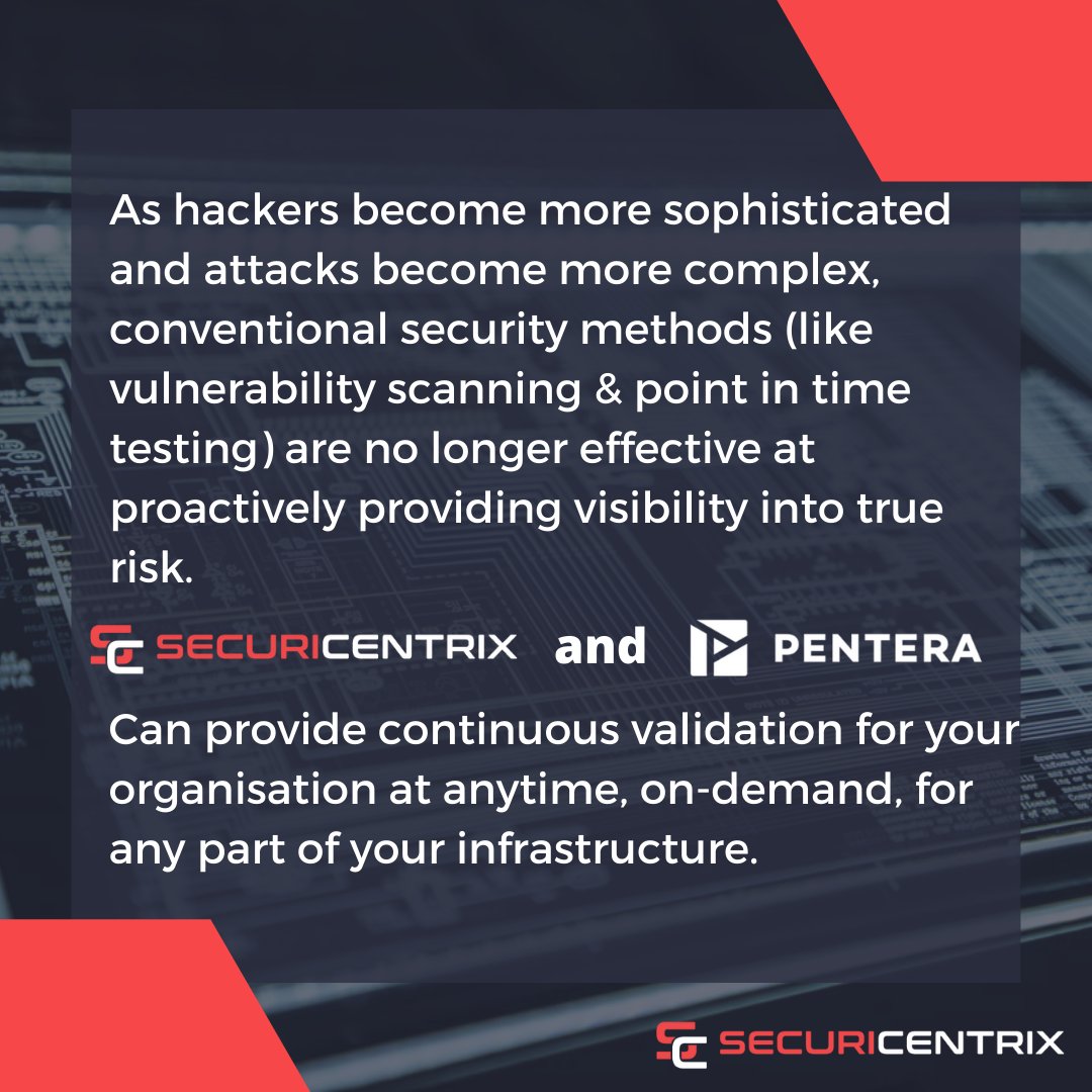 SecuriCentrix's tweet photo. SecuriCentrix and @penterasec provide #ContinuousSecurityValidation that can anticipate #breaches and uncover #vulnerabilities before #hackers do.
Book a Demo if you would like to learn more about how Continuous Validation can secure your infrastructure https://t.co/a6tV7AX6NE https://t.co/LmzXZPJPki