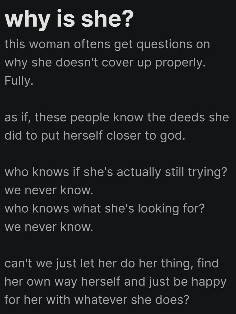 AmirIzhar's tweet photo. Minted and Listed.

Why is she?

this woman oftens get questions on why she doesn't cover up properly. Fully.

as if, these people know the deeds she did to put herself closer to god.

0.08BNB
https://t.co/z3wvQQE2IS https://t.co/gCTurYBbuW