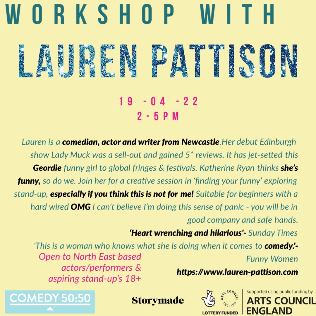 HelloStorymade's tweet image. North East creatives. Still time to apply for workshops with @50Comedy50. First up, the brilliant @laurenpattison 
 Link in our bio, please RT!