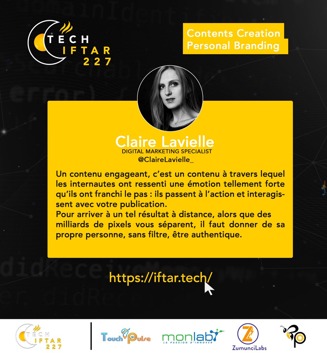 {</>} #TechIftar
La création de contenu permet d'identifier un sujet sur lequel vous souhaitez écrire, de la forme que vous souhaitez et à la produire réellement.

Retrouvez <a href="/ClaireLavielle_/">🇳🇬 Claire 🎀 (❤️ = 🇳🇪)</a> à l'Iftar Tech🤖
 Devenez partenaire 🖲️ bit.ly/3uUb6uN