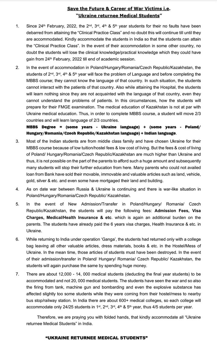 pratik_dhal's tweet photo. Respected Hon'ble @narendramodi jii🙏 Kindly accomodate "Ukraine Returnee Medical Students" in India. #UkraineRussianWar #RussiaInvadedUkraine
@PMOIndia @AmitShah @dpradhanbjp @mansukhmandviya @nsitharaman @rajnathsingh @DrSJaishankar @MoHFW_INDIA @EduMinOfIndia @Gen_VKSingh https://t.co/lKLgLDofqL