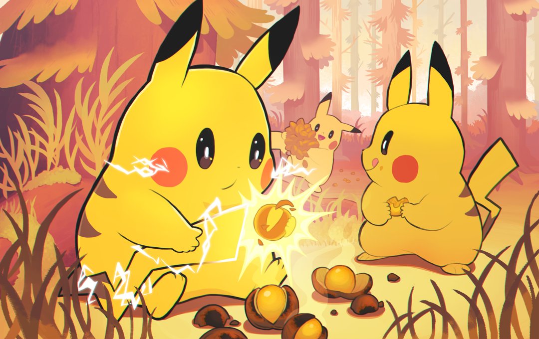 pikachu pokemon (creature) no humans berry (pokemon) holding tree electricity smile  illustration images