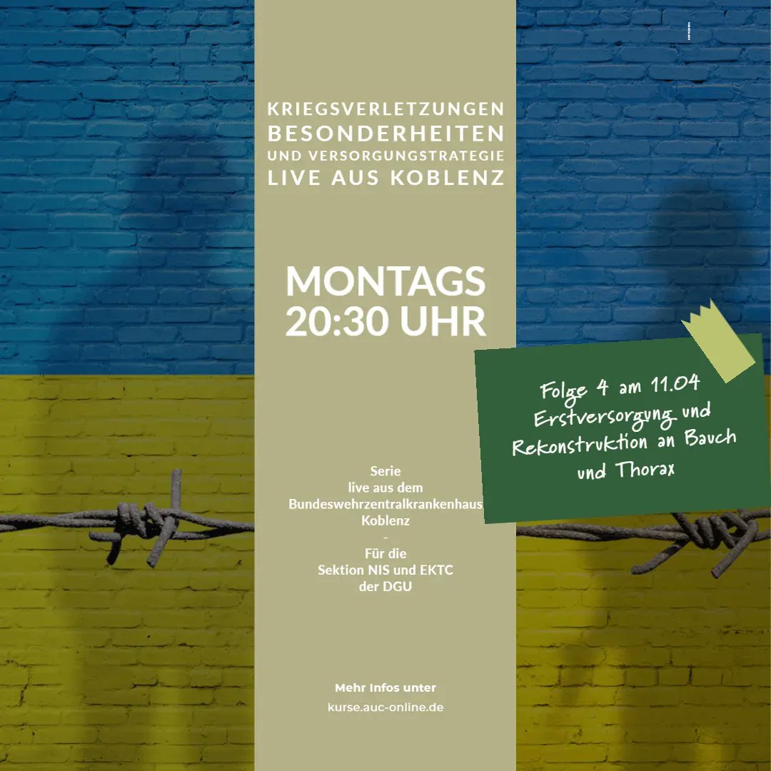 Heute Abend 20:30 Uhr setzen wir unsere Serie zu Kriegsverletzungen fort. Thema diesmal sind Bauch- und Thoraxverletzungen. Wie immer live aus dem #BundeswehrZentralkrankenhaus #Koblenz - alle Infos auf bit.ly/3ICCfYG  #Unfallchirurgie #supportukraine