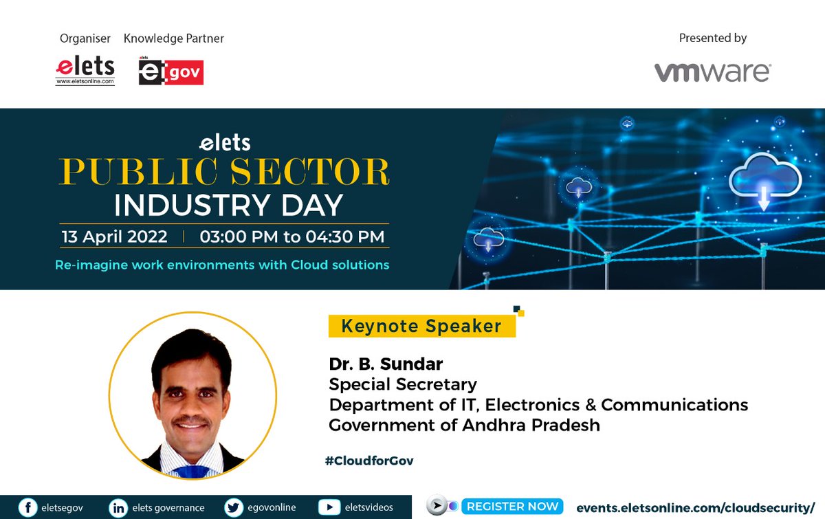 egovonline's tweet image. Join Dr. B Sundar, Special Secretary, IT, Electronics &amp;amp; Communications, Government of Andhra Pradesh, as he shares insightful on optimisation of multi-cloud operations &amp;amp; data security in government &amp;amp; PSUs.

Register: bit.ly/3rbOiG2

#CloudForGov #PublicSectorIndustryDay
