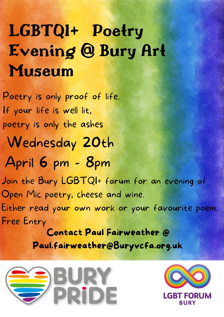 BuryVCFA (@buryvcfa) on Twitter photo Join the LGBTQI+ Free Entry Poetry Evening at <a href="/BuryArtMuseum/">Bury Art Museum</a> 🏳️🌈📖👥
🗓️Wed 20 April (6:00pm-8:00pm)
📌Bury Art Museum
🖱️For more info, please contact: paul.fairweather@buryvcfa.org.uk
<a href="/buryprideuk/">Bury Pride 2024</a> <a href="/BuryCouncilLGBT/">Bury Council LGBT</a> Join the LGBTQI+ Free Entry Poetry Evening at <a href="/BuryArtMuseum/">Bury Art Museum</a> 🏳️🌈📖👥
🗓️Wed 20 April (6:00pm-8:00pm)
📌Bury Art Museum
🖱️For more info, please contact: paul.fairweather@buryvcfa.org.uk
<a href="/buryprideuk/">Bury Pride 2024</a> <a href="/BuryCouncilLGBT/">Bury Council LGBT</a>
