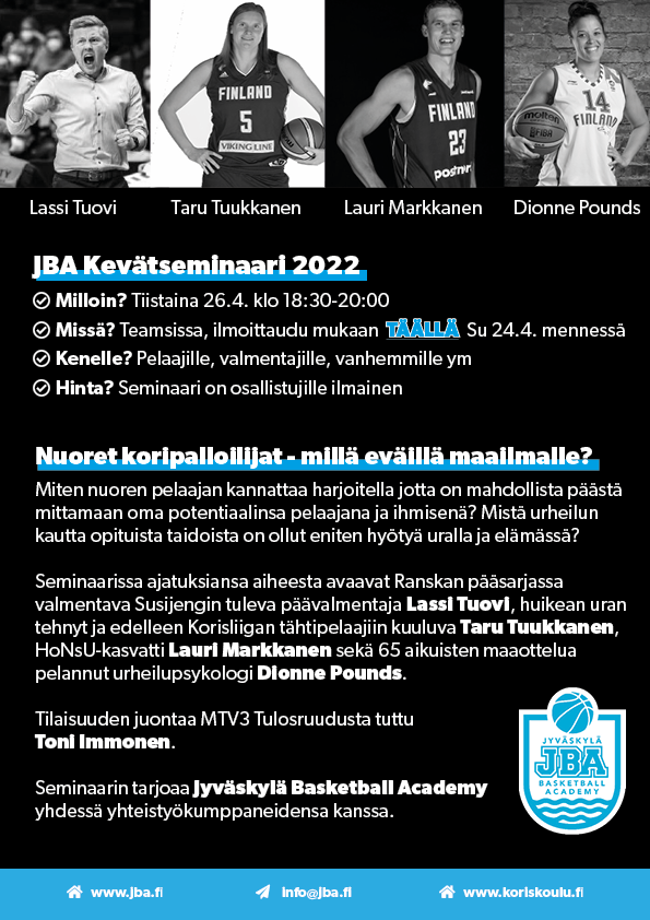 jba_fi's tweet photo. JBA kevätseminaari 2022!

Milloin? Tiistaina 26.4. klo 18:30

Missä? Teamsissa, ilmoittaudu 24.4. mennessä! https://t.co/KUeavZWWrV 

Kenelle? Pelaajille, valmentajille, vanhemmille ja kaikille asiasta kiinnostuneille!

Hinta? Seminaari on osallistujille ilmainen

#susijengi https://t.co/mXG55BfkgQ