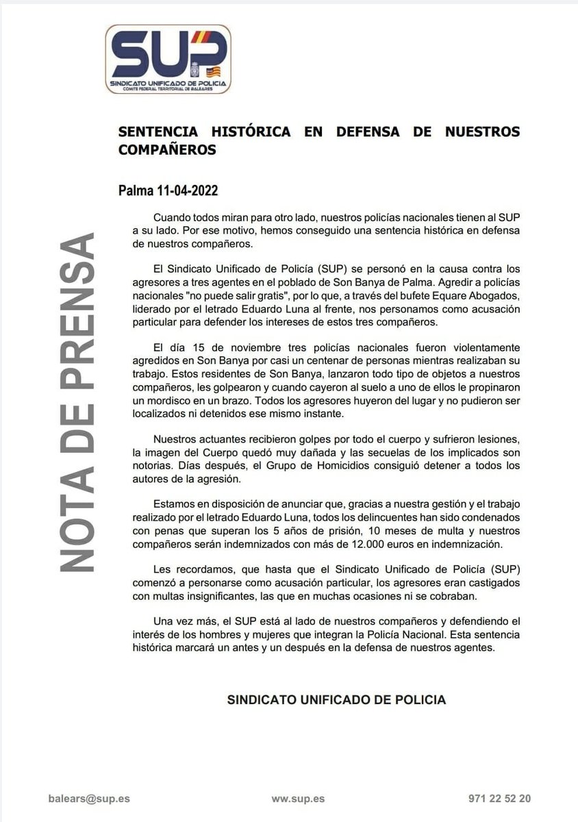 SUPBaleares's tweet photo. Sentencia histórica en defensa de los policías nacionales en Baleares. Cada compañero cobrará más de 4.000 euros en concepto de indemnización por el ataque de unos delincuentes en Son Banya. 

Antes estas agresiones se salían gratis. 

Gracias @eduardoluna_ @equareabogados https://t.co/TPZS49jn4N