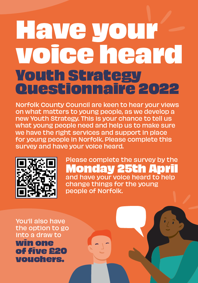 NYCF (@norfolkycforum) on Twitter photo 📣🎤Get your voice heard on support and services for young people in #Norfolk.
Take part in short <a href="/NorfolkCC/">Norfolk County Council</a> online survey and help shape their new Youth Strategy.
😀 You also have the option to go into a draw to win one of five £20 vouchers.
forms.office.com/pages/response… 📣🎤Get your voice heard on support and services for young people in #Norfolk.
Take part in short <a href="/NorfolkCC/">Norfolk County Council</a> online survey and help shape their new Youth Strategy.
😀 You also have the option to go into a draw to win one of five £20 vouchers.
forms.office.com/pages/response…